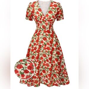 Retro Stage 1940’s Rose V Neck Swing Dress Size 14